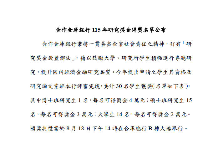 合作金庫銀行115年度研究獎說明